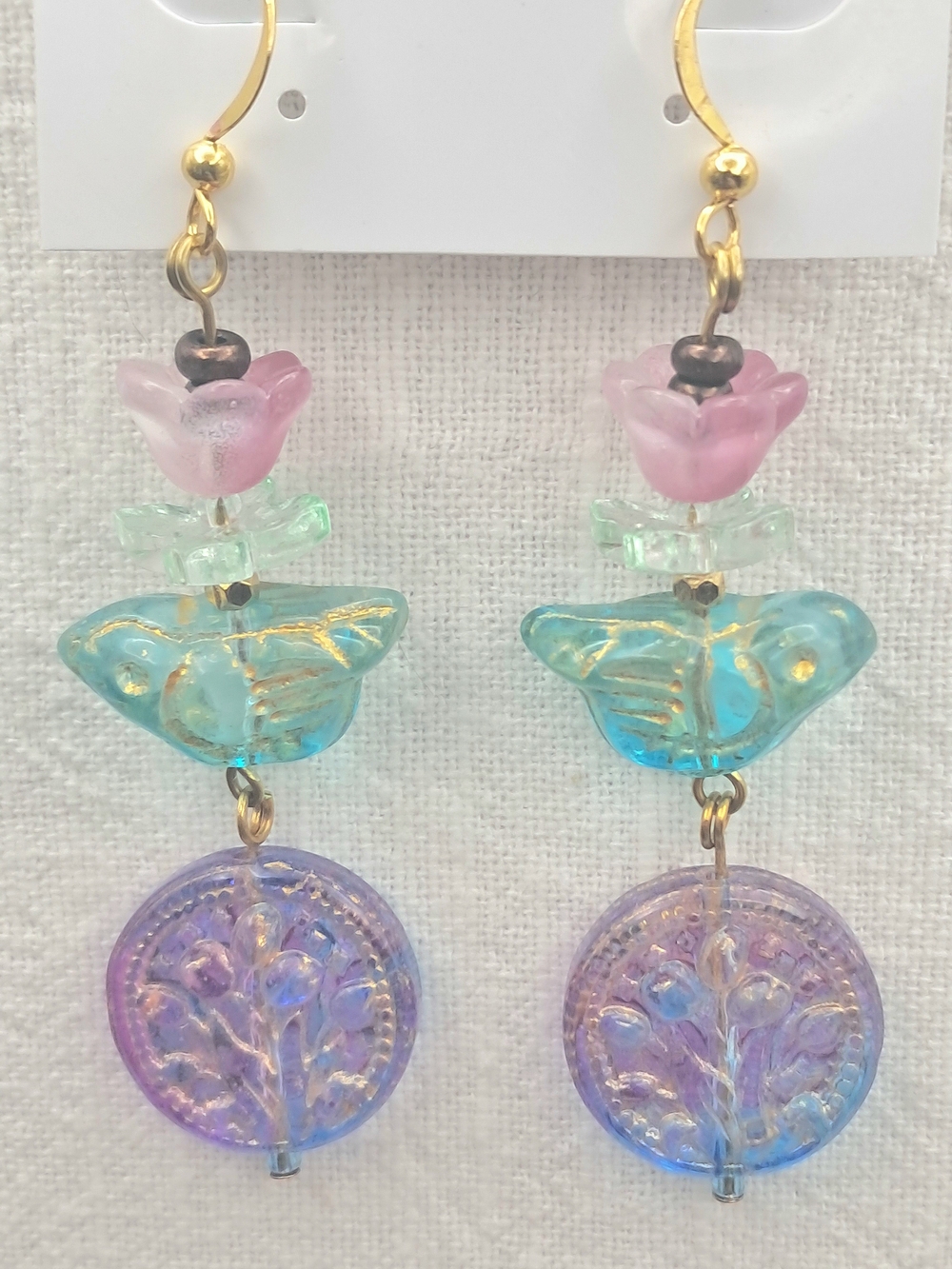 Nature Inspired Czech Glass Bird & Floral Drop Dangle Earrings Jewelry Colorful - Picture 7 of 8